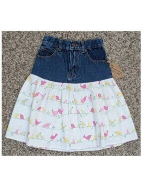 Upcycled Denim Cotton Skirt Girls Size 4 Sweet Birdie Print Pink Lace Accents